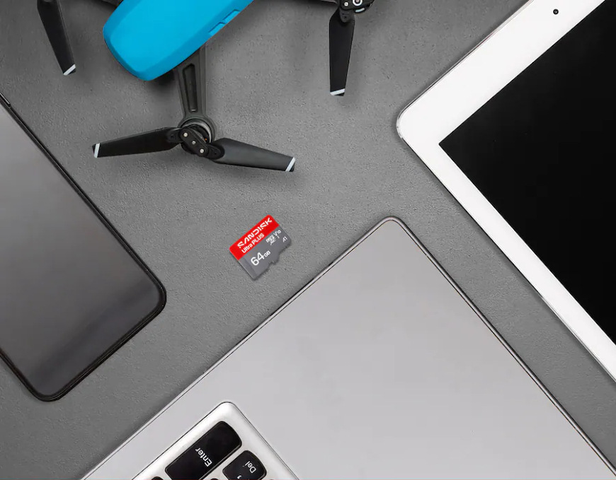 Paměťová karta SANDISK Micro SDHC Ultra Plus 32GB UHS-I U1 (130R) + SD adaptér Paměťová karta SanDisk Ultra Plus microSDXC mezi notebookem, tabletem, telefonem a dronem