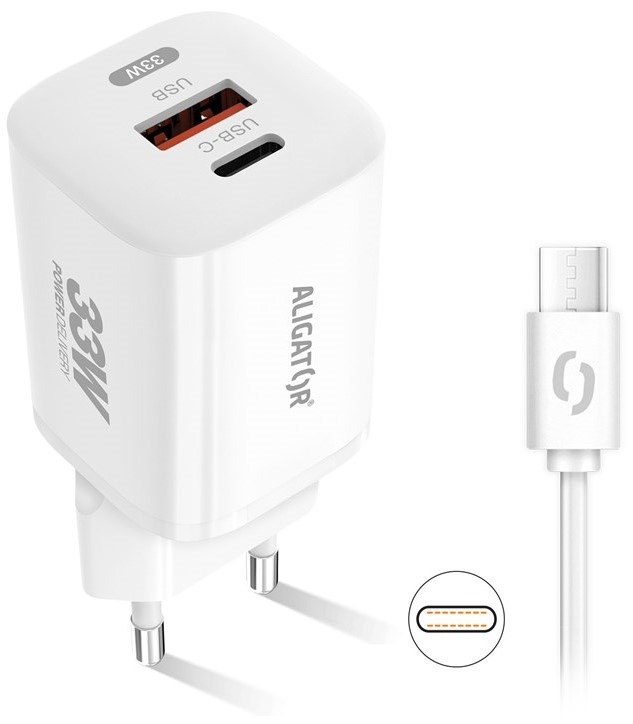 Nabíječka do sítě Aligator Power Delivery 33W, USB-C + USB-A + USB-C kabel bílá