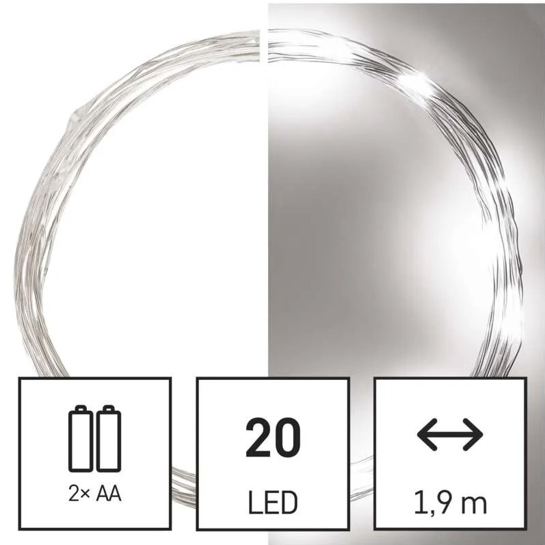 Vánoční osvětlení EMOS 20 LED nano řetěz, 1,9 m, 2x AA, vnitřní, studená bílá, časovač
