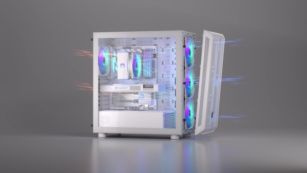  Elegantní bílá počítačová skříň s bočním panelem z tvrzeného skla odhaluje interní RGB ventilátory, které září modře a fialově. Linie proudění vzduchu ukazují účinnost chlazení. Tón je moderní a hi-tech.