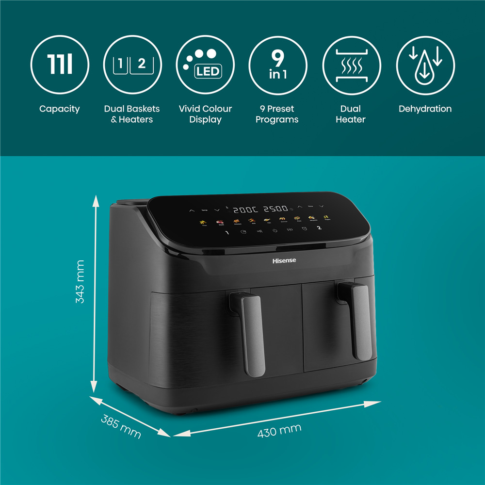 Fritéza horkovzdušná Hisense HAF2700DHA DUAL HEATER černá Horkovzdušná fritéza Hisense HAF2700DHA přední pohled