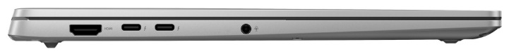 Notebook Asus Vivobook S14 stříbrný Boční pohled na porty HDMI 2.1, dva Thunderbolt 4 a 3,5mm konektor notebooku