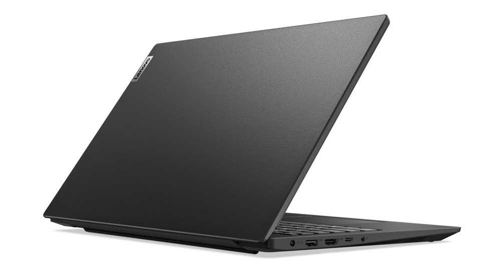Notebook Lenovo V15 Gen 4 černý Pootevřený notebook Lenovo V15 Gen 4 zezadu