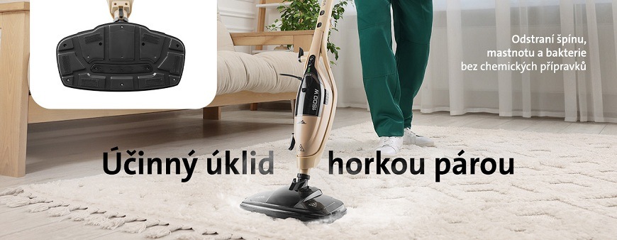 Parní čistič ETA Vapuro 2261 90000 - rozbaleno - 24 měsíců záruka Parní mop ETA Vapuro 1500W při čištění bílého koberce horkou párou s detailem spodní strany mopovací hlavy. Text: Účinný úklid horkou párou. Odstraní špínu, mastnotu a bakterie bez chemických přípravků