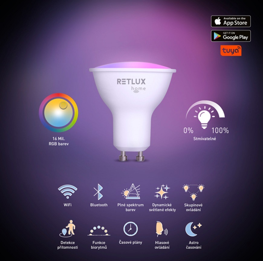 Chytrá žárovka RETLUX RSH 101, GU10, 4,5 W, RGB, CCT Chytrá žárovka RETLUX RSH 101, GU10, 4,5 W, RGB, CCT