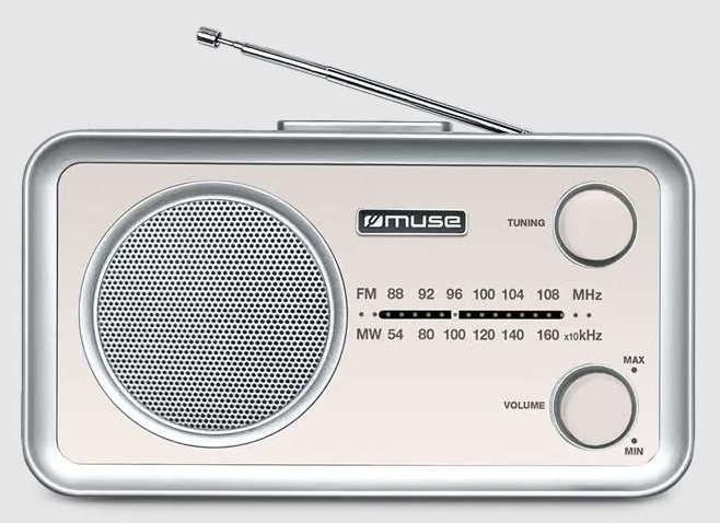 Přední pohled na stylový radiopřijímač MUSE MF-060 SC ve žlutém provedení a se zvednutou anténou