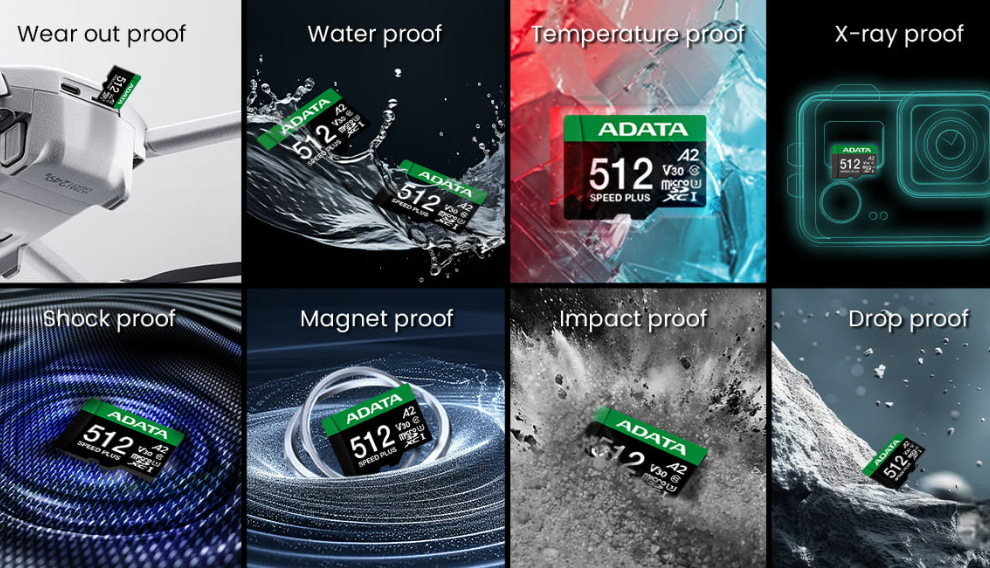 Paměťová karta ADATA Speed Plus MicroSDXC 512GB, U3 (180R/160W) + SD adaptér černá ADATA Speed Plus MicroSDXC těží i z velmi odolné konstrukce