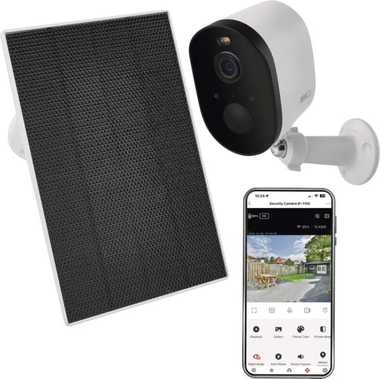 Bílá kamera EMOS GoSmart se solárním panelem a ukázkou mobilní aplikace. Na telefonu je živý náhled zahrady a ovládací prvky pro záznam, zvuk, noční režim, sirénu nebo sledování pohybu.
