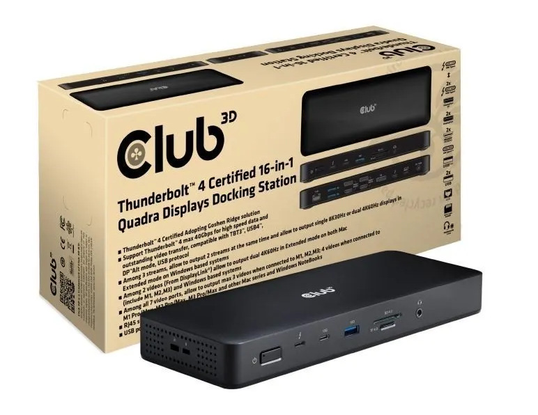 Dokovací stanice Club3D 16v1 ThunderBolt 4, 2xThunderbolt/3xDP/2xHDMI/3xUSB/RJ45/SD-TF Karta/1xUSB-C 150W PD černá