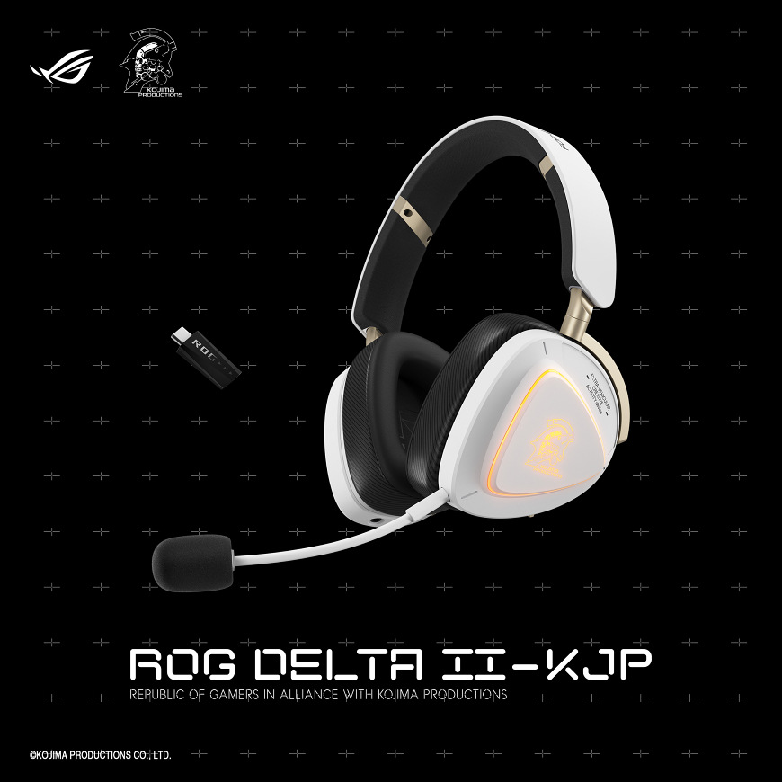 Headset Asus ROG Delta II-KJP bílý Herní headset Asus ROG Delta II-KJP s USB bezdrátovým přijímačem na tmavém pozadí