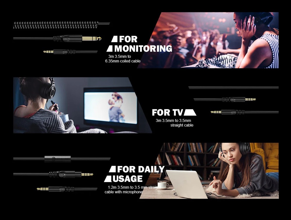 Použití různých kabelů ke sluchátkům OneOdio Monitor 60 při monitoringu, sledování TV a běžném poslechu