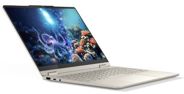 Notebook Lenovo Yoga 7 2-in-1 14AKP10 béžový Otevřený Lenovo Yoga 7 2-in-1 14AKP10 s 14″ OLED displejem a klávesnicí