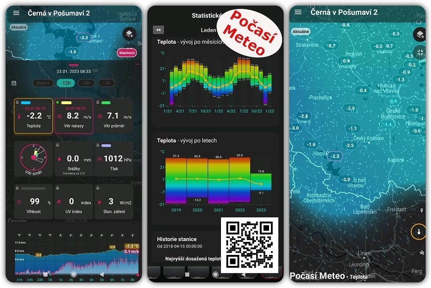 3 náhledy aplikace Počasí meteo znázorňující předpověď a vývoj počasí v ČR