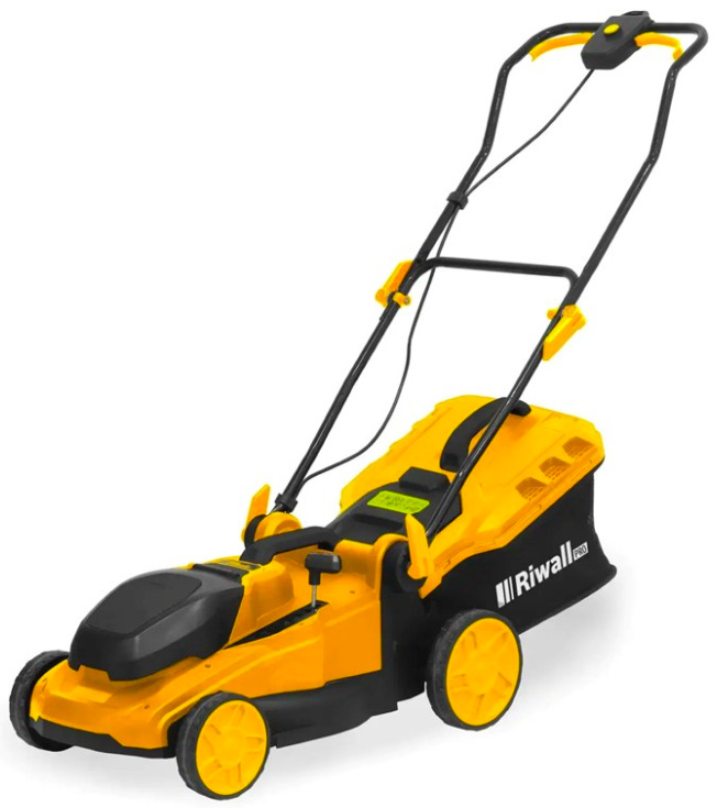 Akumulátorová sekačka Riwall RALM 4020i bez baterie se sběrným košem v černožlutém provedení.