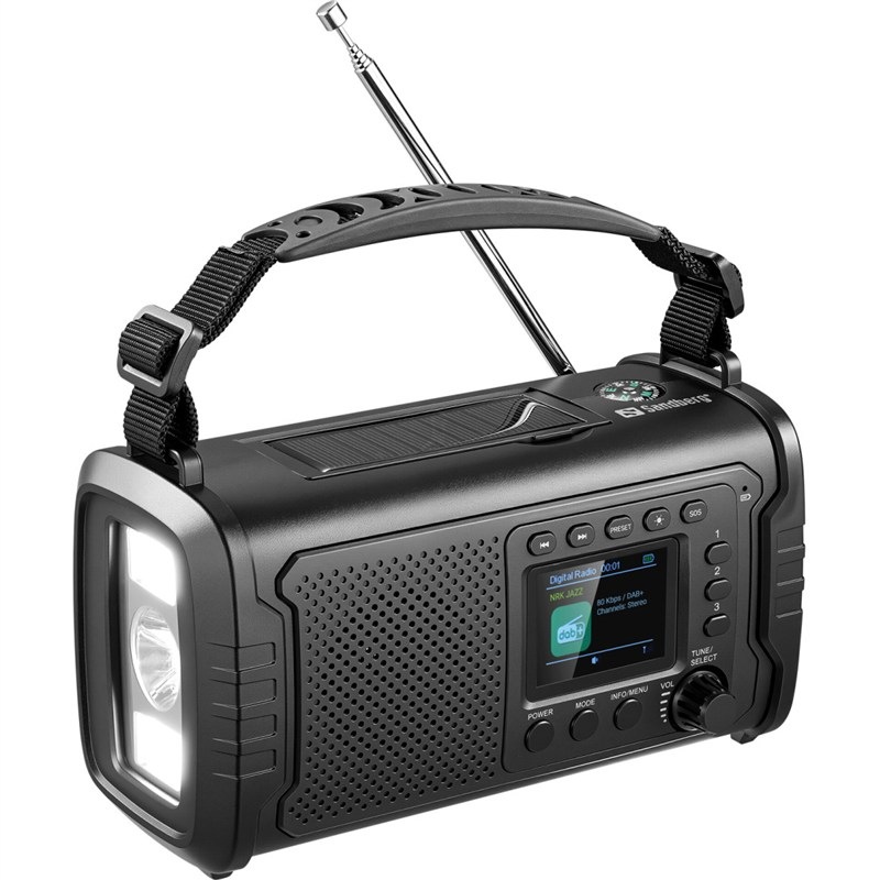Radiopřijímač Sandberg s DAB+ a FM vysílání, LED svítilna, výkon 3 W