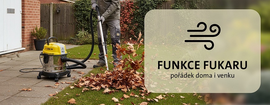 Víceúčelový vysavač ETA Fachmann 4211 90000 černý/žlutý Funkce fukaru vysavače ETA Fachmann. Muž používá vysavač k odfoukání hromady spadaného listí z trávníku na zámkovou dlažbu před domem