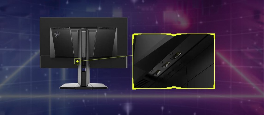  Pohled zezadu na monitor se zvýrazněným detailem dvou HDMI portů na digitálním pozadí s modrou a růžovou gradientní barvou.