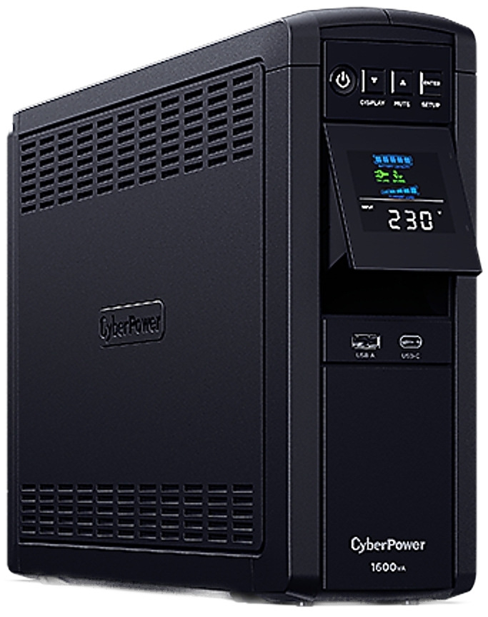 Záložní zdroj CyberPower PFC SineWave LCD GP 1600VA/1000W černý Na obrázku je černý záložní zdroj CyberPower v provedení tower. Na přední straně má nahoře ovládací tlačítka, uprostřed barevný LCD displej zobrazující provozní stav a pod ním porty USB-A a USB-C. Zařízení působí moderně, kompaktně a prakticky pro domácí i kancelářské použití.