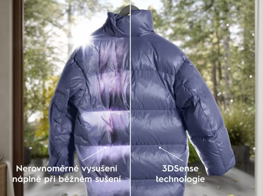 Vlevo péřová bunda sušená v běžné sušičce – pomačkaná, vrstvy nejsou rovnoměrné. Vpravo péřová bunda sušená v sušičce Electrolux s technologií 3DSense – krásně nadýchaná.
