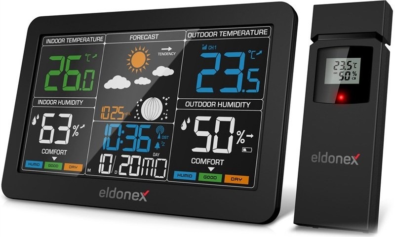 Meteostanice Eldonex WeatherCheck EWS-1010 zobrazuje počasí, čas, datum i naměřené hodnoty