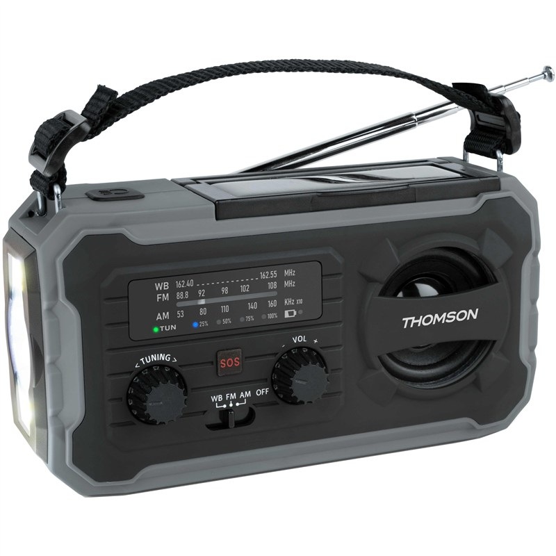 Multifunkční rádio Thomson s FM i AM příjmem, režim SOS, kapacita baterie 8 000 mAh