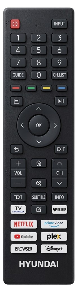 Televize Hyundai HL 327602V Dálkový ovladač k televizoru Hyundai s tlačítky pro rychlý přístup ke službám Netflix, Prime Video, YouTube, Disney+, Plex, Deezer a webovému prohlížeči.