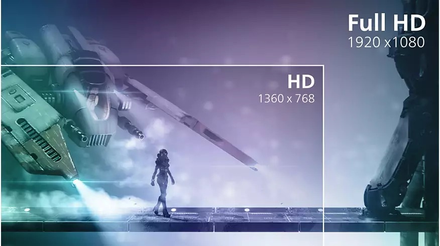 Herní monitor Philips Evnia 24M2N3200NF černý Futuristická scéna zobrazující osobu v brnění na plošině, ke které se blíží velké letadlo. Obsahuje text se zvýrazněním rozlišení Full HD a HD.