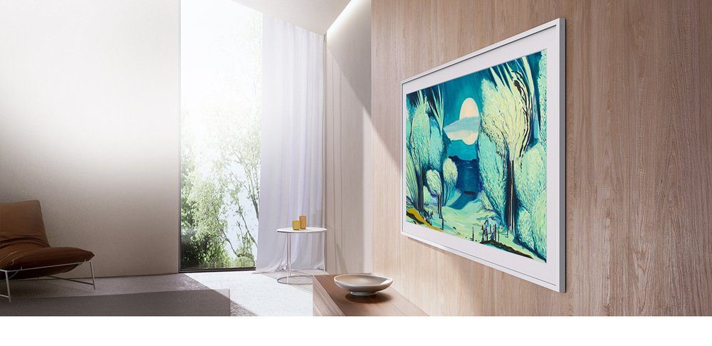 Televize Samsung The Frame QE50LS03F Televize Samsung QE50LS03F na zdi obývacího pokoje