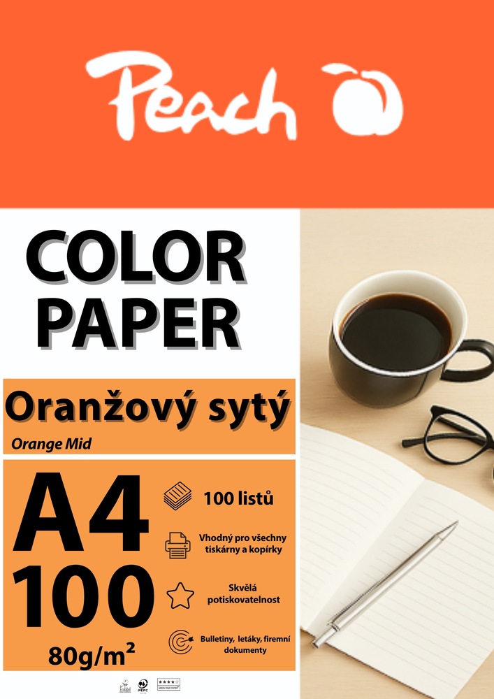 Papíry do tiskárny Peach Color A4 - 100 listů (syté) oranžové Papíry do tiskárny Peach Color A4 - 100 listů (syté) oranžové