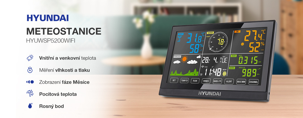 Meteorologická stanice Hyundai WSP 5200 WIFI černá Černá meteostanice Hyundai HYUWSP5200WIFI na dřevěném stole. Barevný displej přehledně zobrazuje vnitřní a venkovní teplotu, vlhkost, tlak, pocitovou teplotu, rosný bod a animovanou předpověď počasí