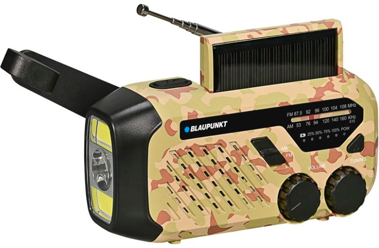 Radiopřijímač Blaupunkt ER10DC Survival přenosné nouzové rádio s dynamem a solárním panelem hnědé provedení
