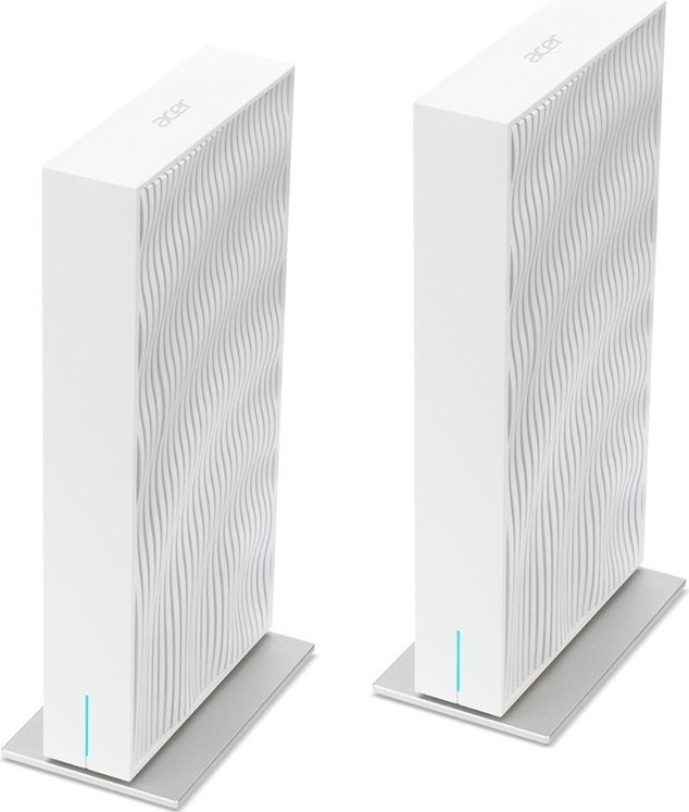 Dvě bílé jednotky Acer Connect Wave 7 v úzkém svislém provedení. Každá stojí na plochém podstavci, má přední panel s vlnkovaným vzorem, logo Acer nahoře a modrou stavovou kontrolku dole.