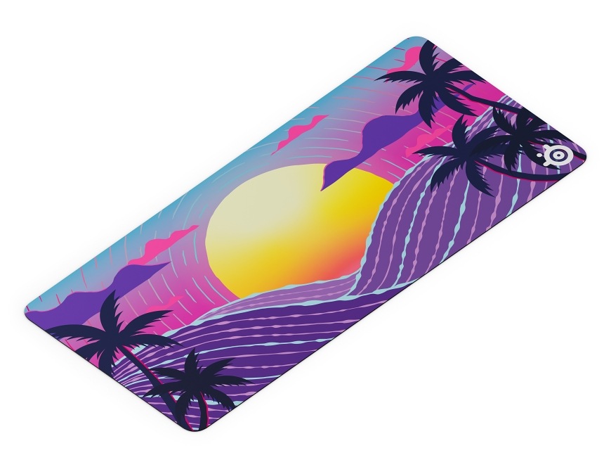 Podložka pod klávesnici a myš SteelSeries QcK XXL Neon Sunset fialová Herní podložka SteelSeries QcK XXL Neon Sunset s motivem západu slunce, palem a zvlněné krajiny