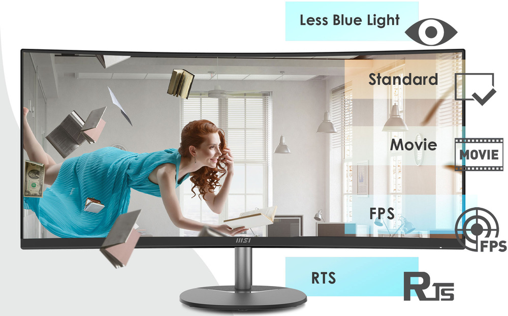 Monitor MSI PRO MP341CQ E12 černý Vznášející se žena si užívá podívanou díky všestrannému monitoru MSI PRO MP341CQ E12 s různými režimy provozu