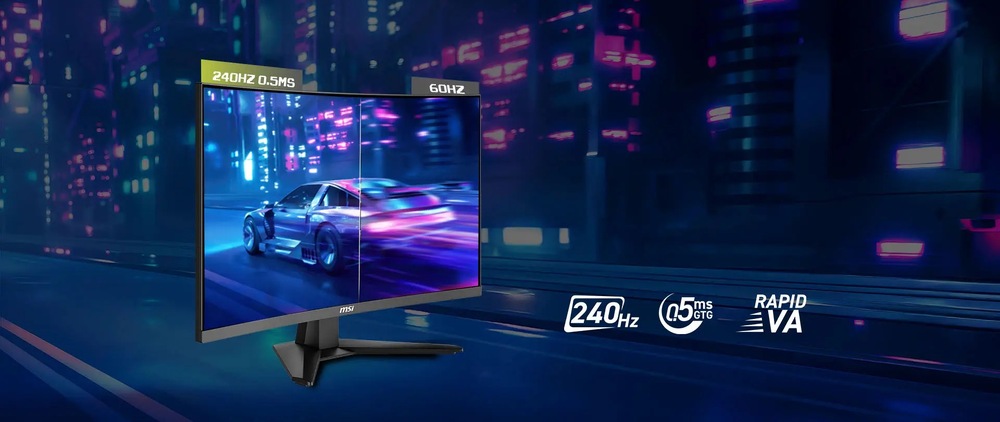 Monitor zobrazuje závodní hru, rozdělenou pro porovnání obnovovacích frekvencí 240 Hz a 60 Hz. Futuristická městská scéna je živá, s efekty rozmazání pohybem a neonovými světly.