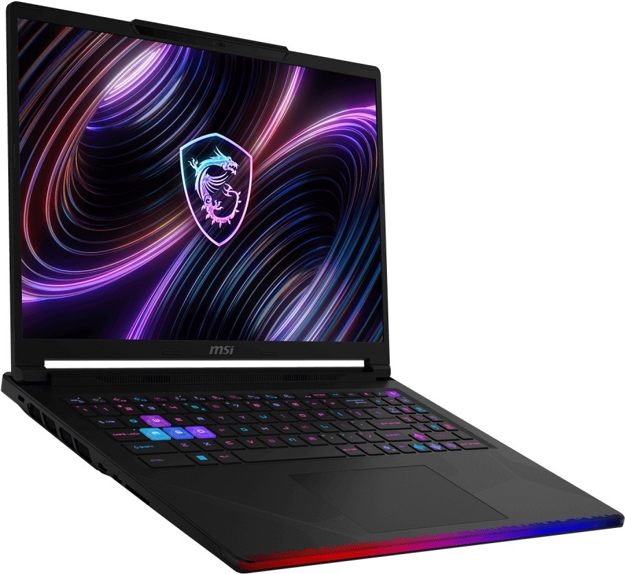 Notebook MSI Raider 16 Max HX B2WH-244CZ černý Herní notebook MSI Raider 16 Max HX B2W z pravého předního úhlu s RGB klávesnicí a světelnou lištou na přední hraně se chlubí moderní grafikou