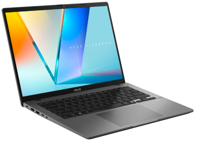 Šedý ASUS Vivobook S14 z levého úhlu s klávesnicí a bočními porty