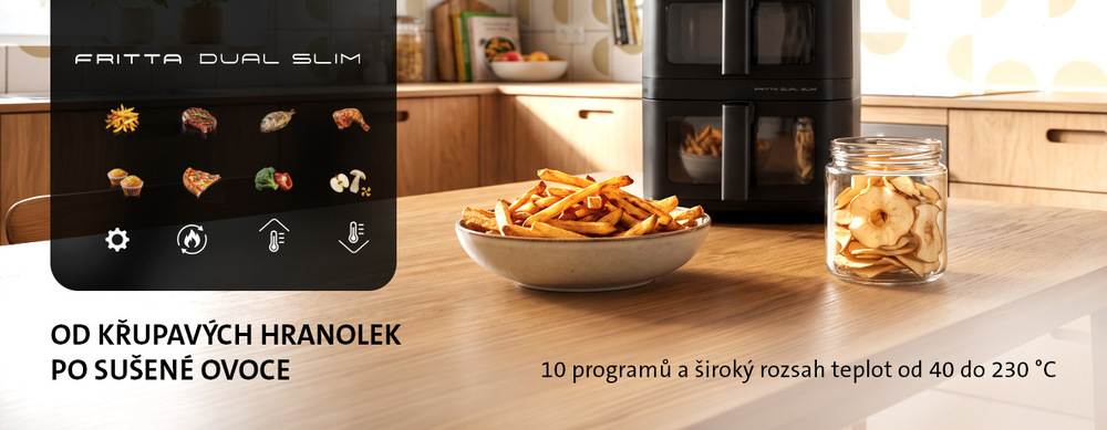 Fritéza horkovzdušná ETA Fritta Dual Slim 4167 90000 černá Horkovzdušná fritéza ETA Fritta Dual Slim na kuchyňské lince s ukázkou 10 přednastavených programů, rozsahem teplot od 40 do 230 °C, miskou hranolek a sklenicí sušených jablek