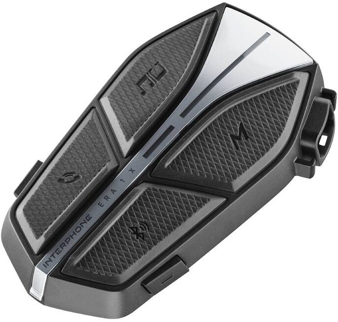 Handsfree Interphone ERA 1 X (Sada 2 ks) – Interkom na motorku černé Detail texturovaných ovládacích tlačítek a LED proužku interkomu Interphone ERA 1 X