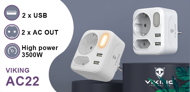 Rozbočovací zásuvka Viking AC22, 2x zásuvka, 2x USB bílá Rozbočovací zásuvka Viking AC22, 2x zásuvka, 2x USB bílá