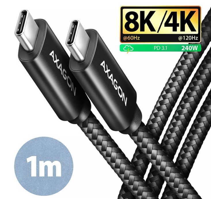 Kabel Axagon NewGEN+ kabel USB-C / USB-C, 1m, PD 240W, 8K HD, pletený černý AXABUCM4XCM10AB