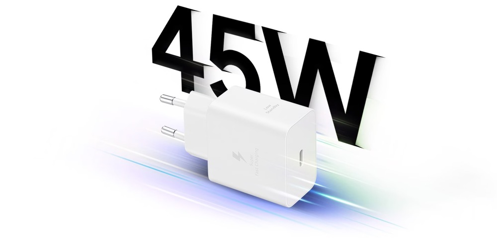 Nabíječka do sítě Samsung 45W, USB-C bílá Nabíječka se znázorněním výkonu 45 W