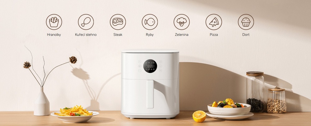 Fritéza horkovzdušná Xiaomi Air Fryer 6,5 l Black MAF-W6501 černá Lifestylová fotografie produktu spolu s piktogramy zobrazujícími pokrmy, pro které je produkt vhodný