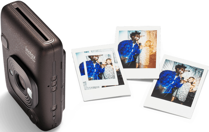 Instantní fotoaparát Fujifilm Instax mini LiPlay+ modrá Detail fotoaparátu Fujifilm Instax mini LiPlay+ a snímku s různými filtry