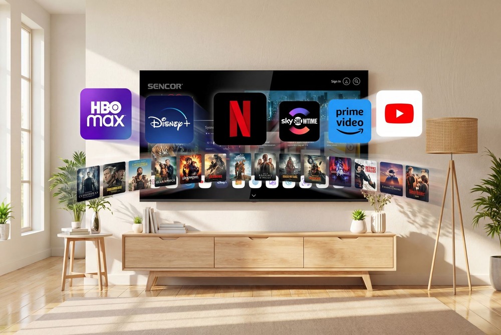 Televize Sencor SLE 43US804B Televize Sencor SLE 43US804B s nabídkou filmů, seriálů a oblíbených streamovacích platforem na jedné obrazovce.