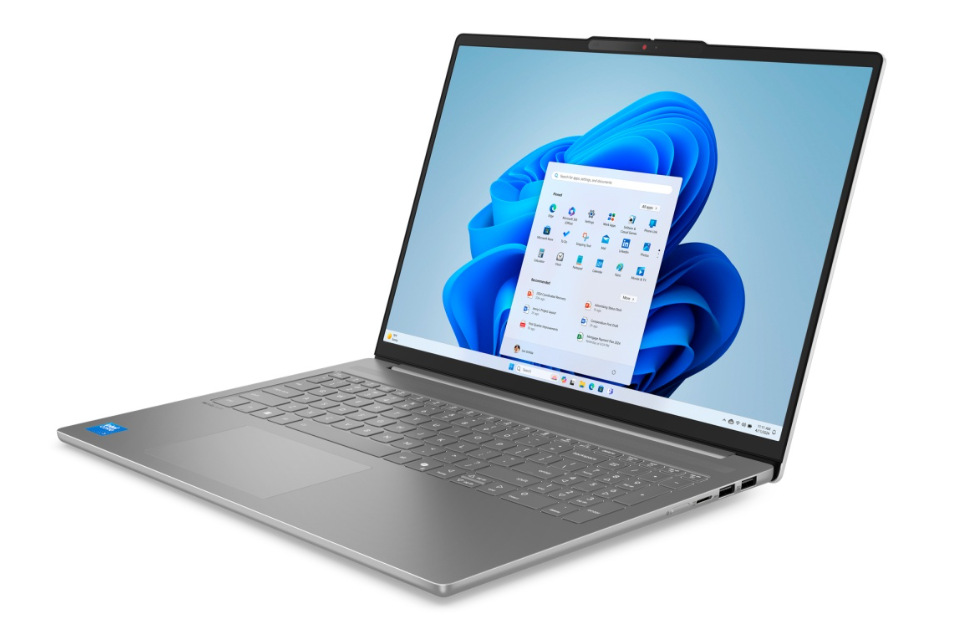 Notebook Lenovo IdeaPad Slim 3 16IMH11 šedý Otevřený a zapnutý notebook Lenovo IdeaPad Slim 3 16IMH11 otočený doleva