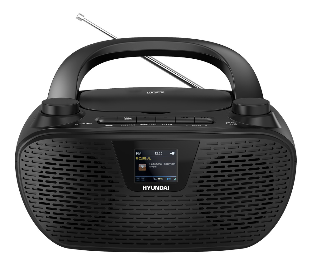 Radiopřijímač s CD Hyundai TRC 544 AU3BB černý Černé rádio Hyundai s CD přehrávačem, výsuvnou anténou a AUX/sluchátkovým vstupem – pohled zleva.