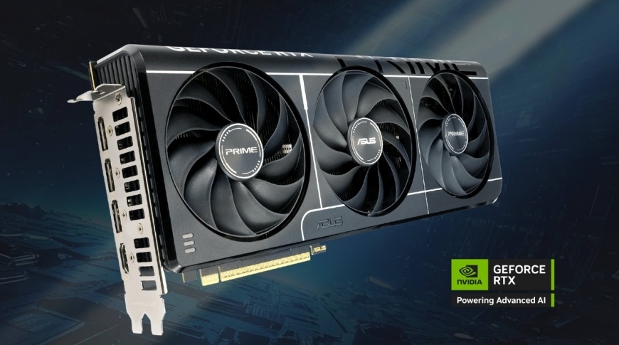 Grafická karta Asus PRIME GeForce RTX 5070 12GB OC Asus Prime GeForce RTX 5070 OC 12G prezentovaná v herním prostředí s logem NVIDIA GeForce RTX Powering Advanced AI