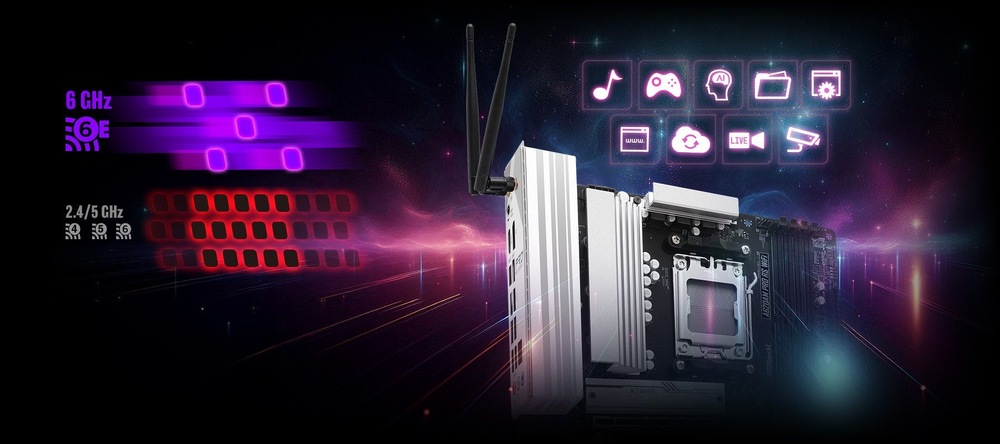 Futuristická základní deska počítače se zářícími ikonami pro hudbu, hry a média. Antény připomínající bezdrátové připojení na pozadí kosmického pozadí.
