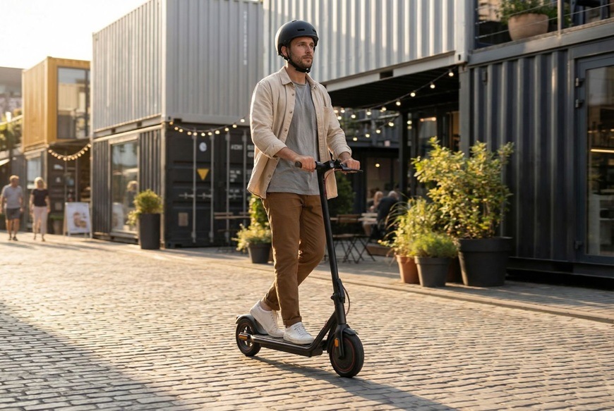 Elektrická koloběžka Sencor SCOOTER S25 černá Muž jede na elektrické koloběžce Sencor městskou ulicí s moderní architekturou a kavárnami v industriálním stylu. Má nasazenou helmu a působí soustředěně při plynulé jízdě po dlážděném povrchu. Okolí doplňují kontejnery přestavěné na podniky.